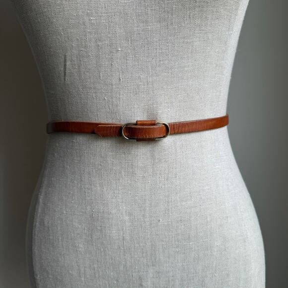 Vintage Brown Leather Belt – Minimal Oval Brass Buckle 70s 80s - Picture 2 of 8